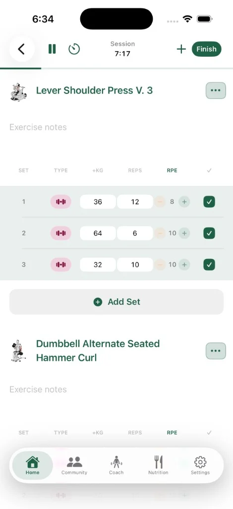zRep active session with finished sets highlighted in green