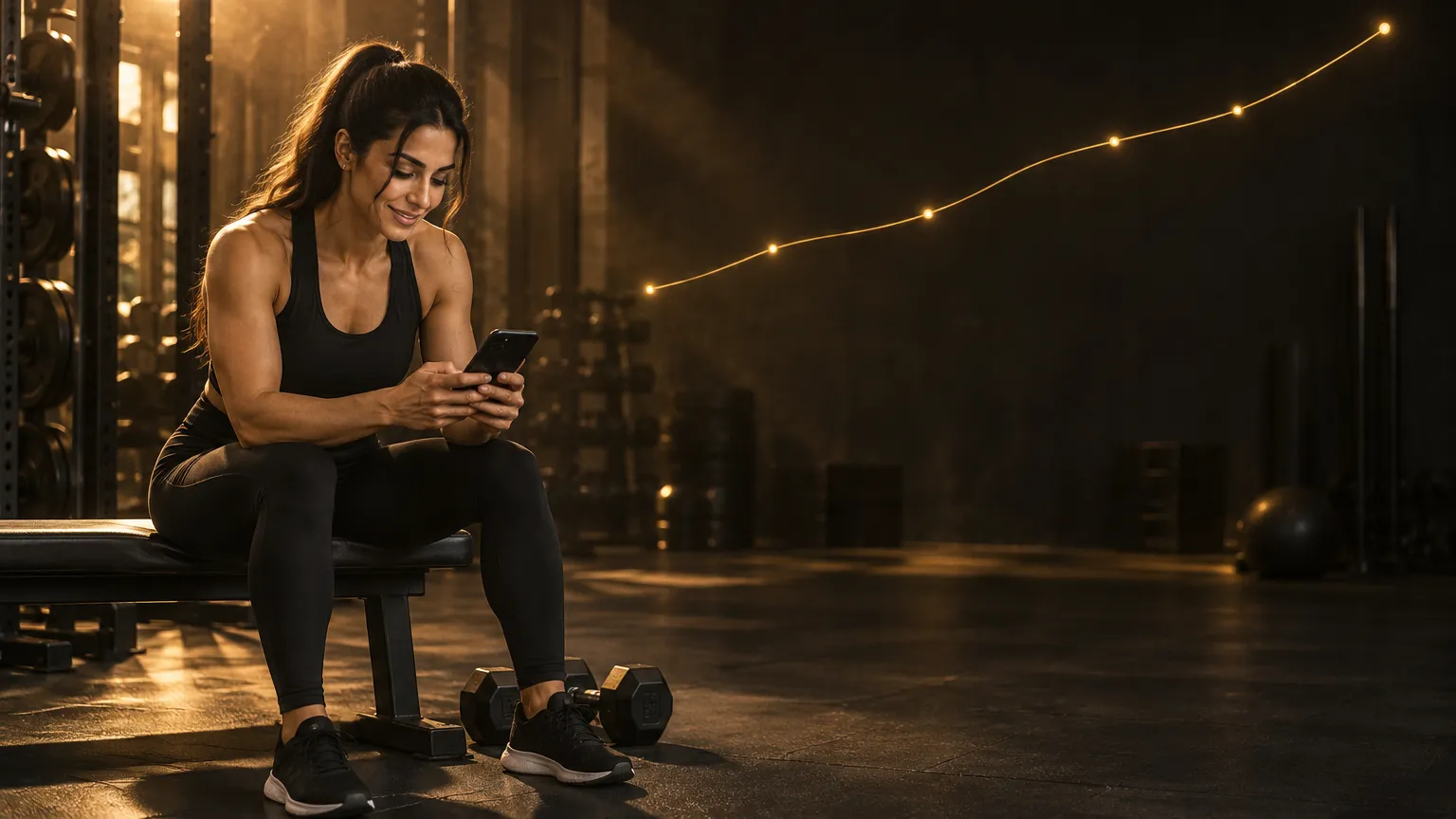 Athlete smiling at her phone on a bench between sets