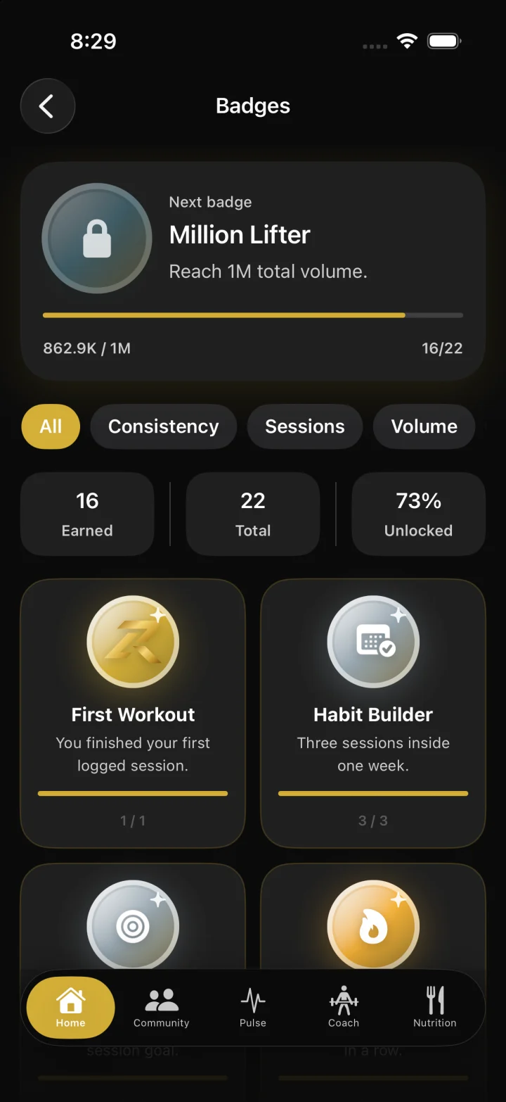 Badges screen with the next badge, Million Lifter, in progress