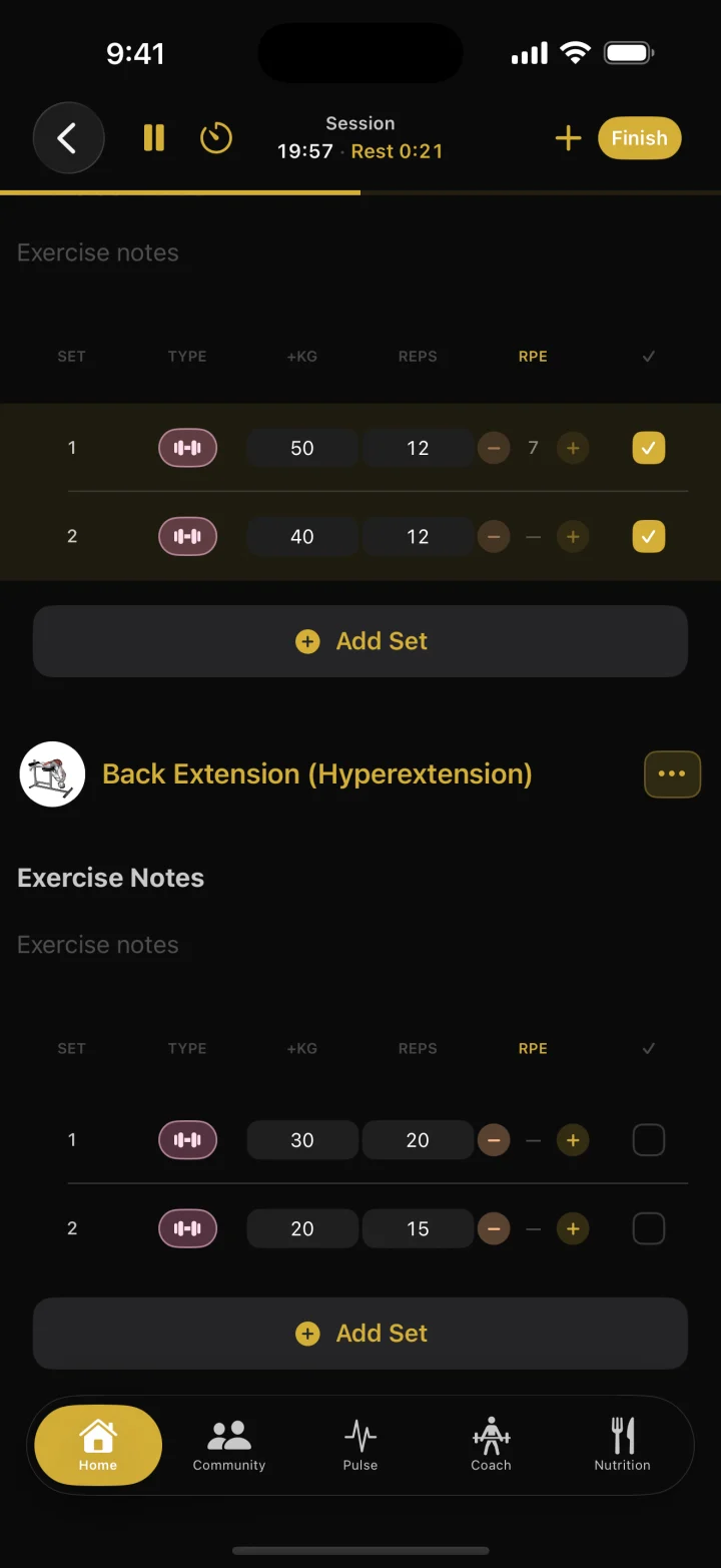 zRep live session with two finished sets checked and a rest timer running