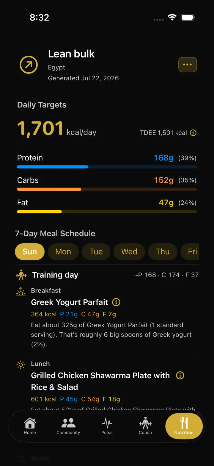 Nutrition plan with daily calorie and macro targets