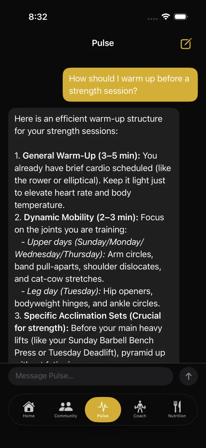 Pulse chat answering how to warm up before a strength session