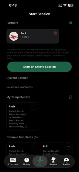 Start Session screen