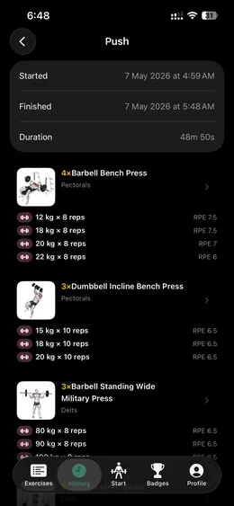 Finished workout detail screen