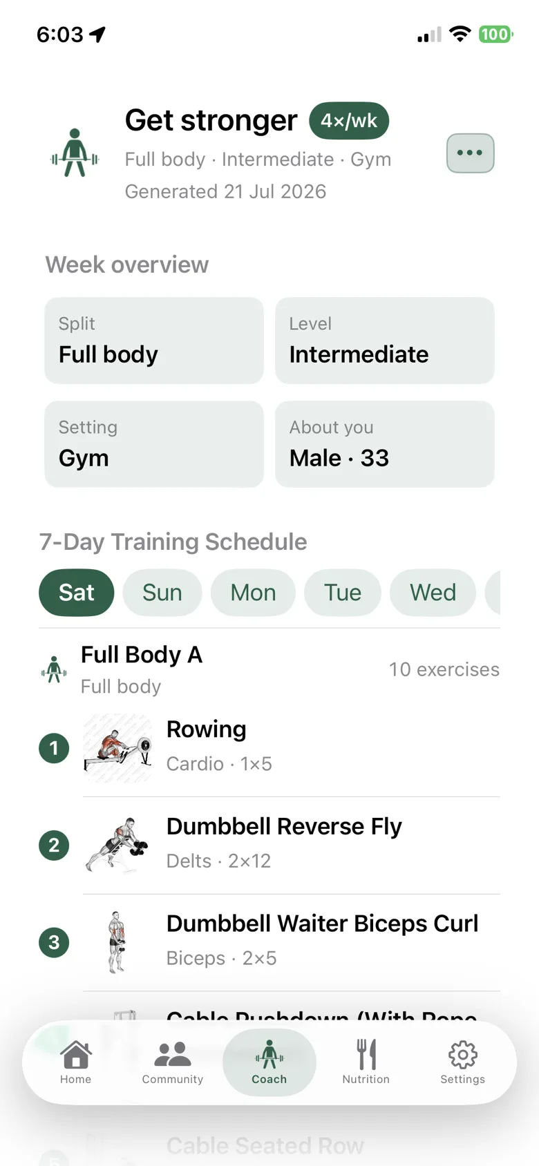 zRep Coach training plan screen