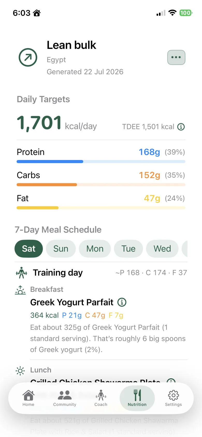 zRep Nutrition plan screen