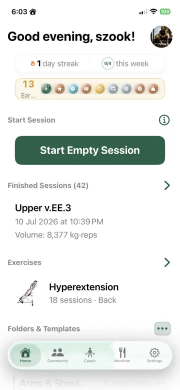 Home screen with Start Empty Session